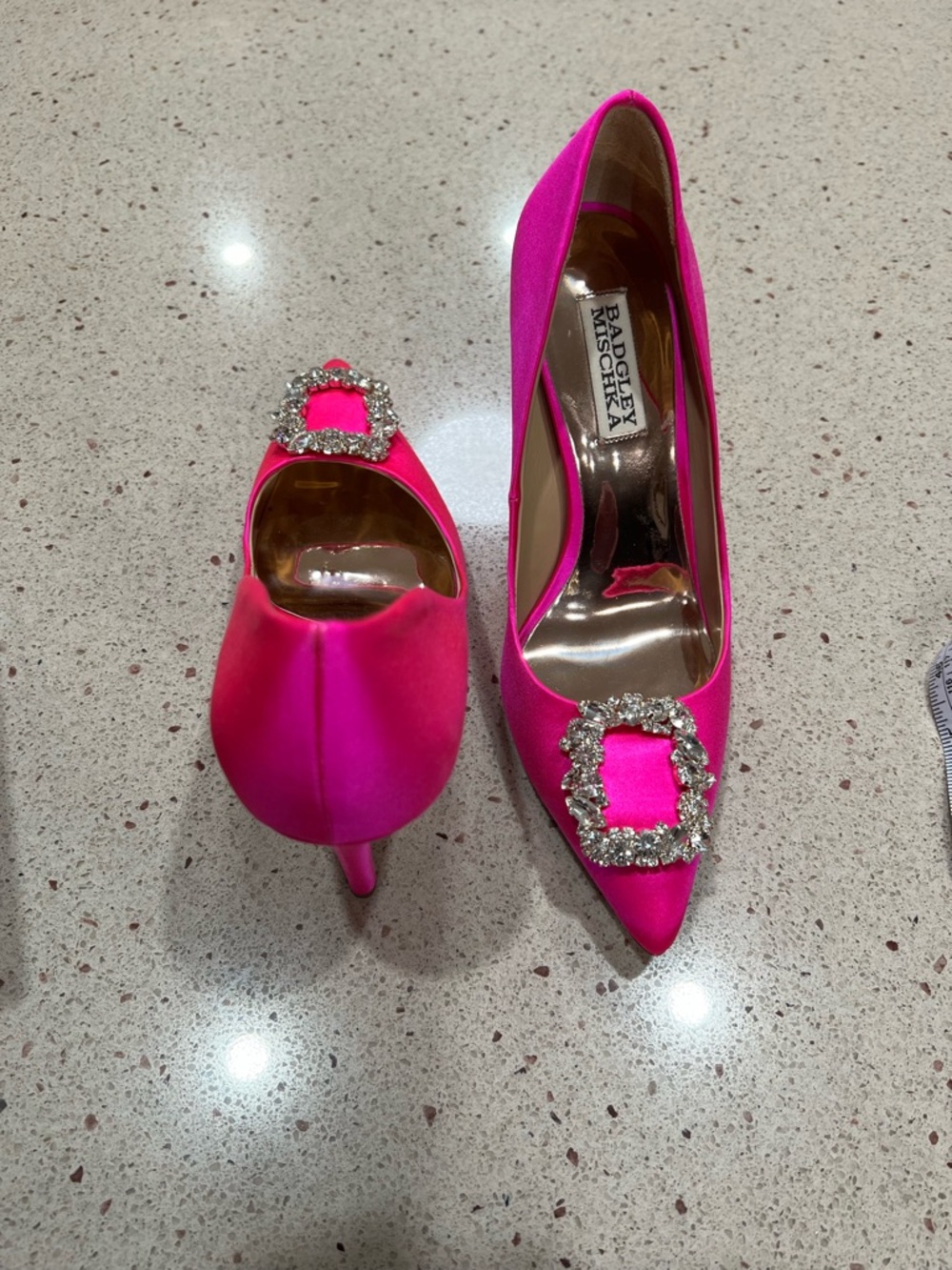 Badgley Mischka Hot Pink Satin Crystal-Buckle Pointed Pumps - Picture 5 of 8